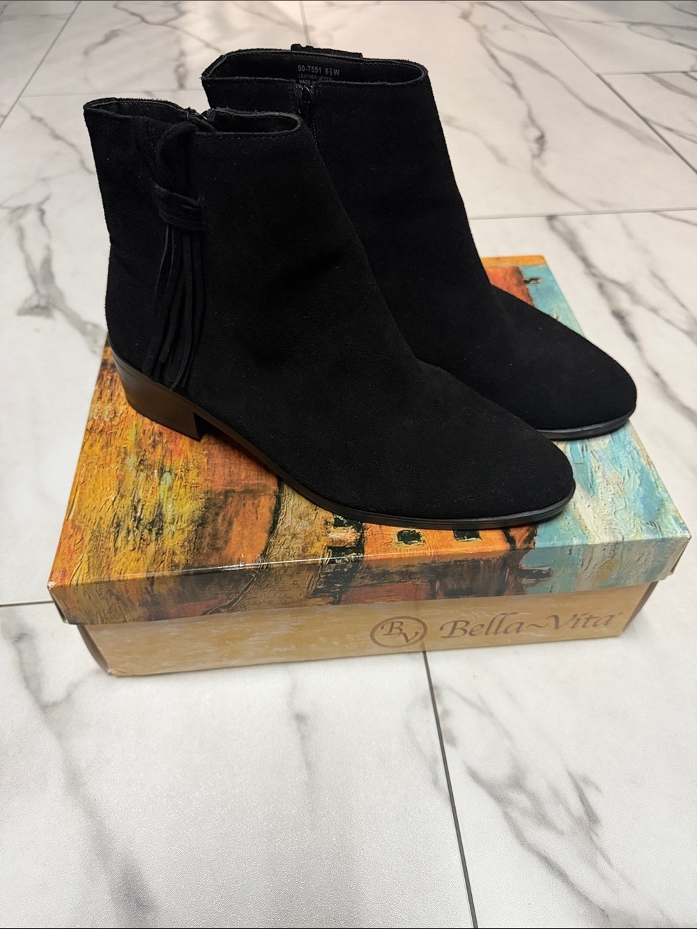 Bella Vita Black Suede Tassel Ankle Booties Size 8.5 Wide